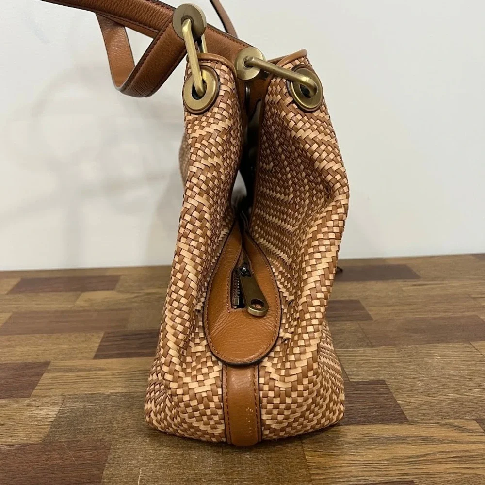 Michael Kors Brooklyn Woven Chevron Leather Shoulder Bag Tan Brown Tassel Hobo